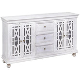 French Arched Hand Carved Wooden Glass Door Sideboard With Drawers White
